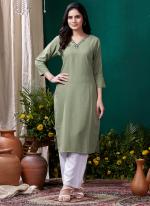 Cotton Light Green Casual Wear Hand Work Readymade Kurti With Pant